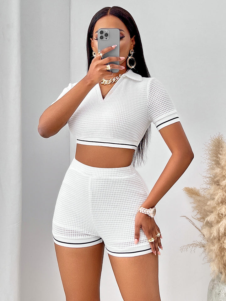 Waffle-Knit Collared Neck Cropped Top and Shorts Set